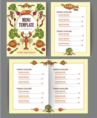 Restaurant cafe menu, template design. Food menu brochure with hand drawn illustrations drawing