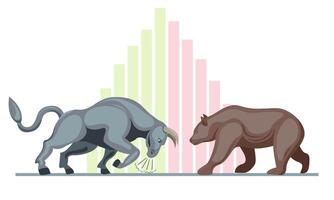 toro y oso en pie en frente de cada otro, valores mercado concepto vector