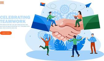 happy people celebrating teamwork and togetherness , sitting on shake hand concept vector illustration