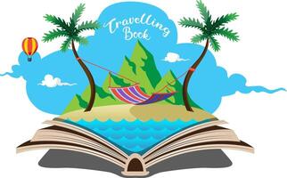 hammock on beach which is in open book travelling concept, travelling book vector