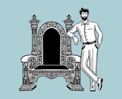 confident, successful man standing with throne chair hand drawn vector illustration