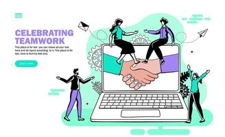 hands joining in computer with people celebrating teamwork , sitting on computer, shake hand, congra vector