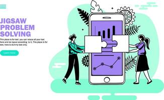 team solving problem in mobile application with jigsaw puzzle vector