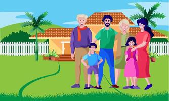 happy family standing in front of home with joy vector