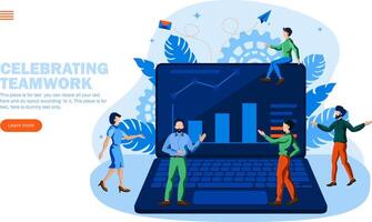 teamwork of people around computer with graphs, work environment concept vector illustration