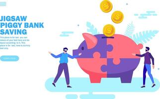 team solving problem money saving with jigsaw piggy bank vector