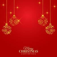 golden xmas balls on red red background, merry christmas banner design vector