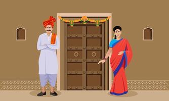 indio hindú hombre y mujer a puerta vector