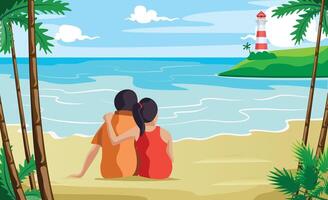 couple sitting at seashore. Relaxed. Looking at lighthouse vector