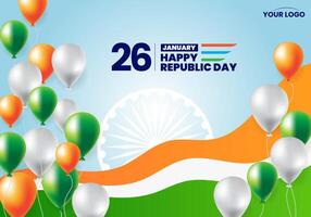 26 enero república día de India celebracion con ondulado indio bandera y globos vector