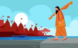 holy man, sadhu walking on the ghat of varanasi vector