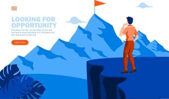 man looking for opportunity concept, man looking at flag on far mountain concept vector illustration