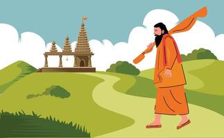 holy man, sadhu walking towards the temple, hindu devotee vector