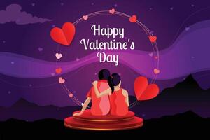 happy valentines day greeting with couple sitting on podium design vector