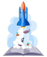 education startup, rocket launch from book vector