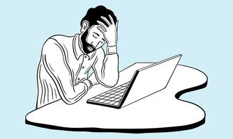 triste, frustrado hombre trabajando en computadora portátil, frustrado hombre mano dibujado vector