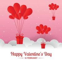 happy valentines day greeting with hearts in pink sky and clouds background vector