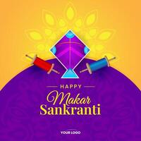 makar sankranti greeting with kite and string spool festive background vector