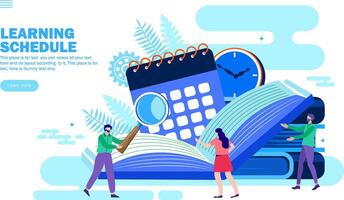 equipo con aprendizaje cronograma, libros calendario y reloj vector