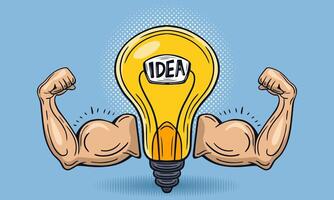 poderoso idea, fuerte innovación, creatividad, bulbo con fuerte brazos mano dibujado vector
