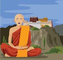Buddhist tibetan monk meditating with monastery on mountain on background vector