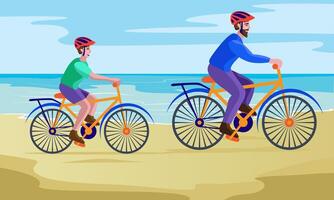 father and son cycling at seashore vector