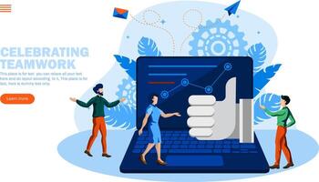 people discussing with like hand icon and computer concept vector illustration
