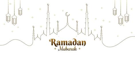 ramzan mubarak with islamic structure mosque and lantern design background line art vector