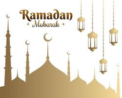 ramzan Mubarak con islámico estructura mezquita y linterna diseño antecedentes vector