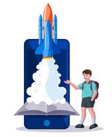 education application startup, rocket launch from book with school uniform boy vector