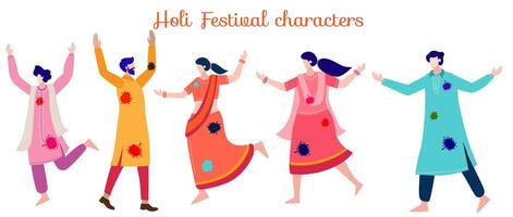 holi festival celebration characters playing with colors vector