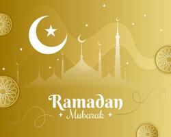 ramzan mubarak greeting with islamic mosque structure and eid moon vector