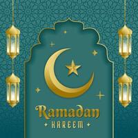 ramzan mubarak greeting with islamic design lantern and eid moon vector