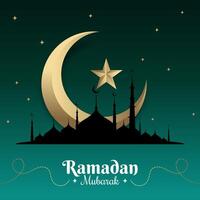 ramzan mubarak greeting with islamic mosque structure and eid moon vector