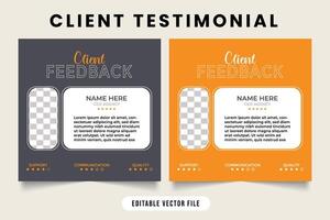 Client testimonial design with dark gray and yellow colors. customer feedback review or testimonial layout template for websites business. client testimonials vector with photo placeholder.