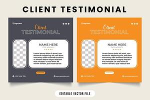 Modern customer feedback and quote layout vector for business promotion. Customer feedback testimonial layout vector. Testimonial design with dark gray and yellow color. Client work  rating template.