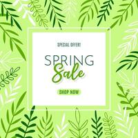 Bright square banner for spring sale with hand drawn doodle style leaves. vector