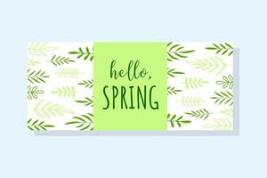 Horizontal banner with hand drawn leaves and inscription hello spring. Minimalist style, doodle style. vector