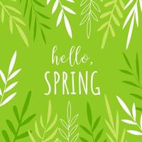 Hola primavera. tarjeta postal con dibujado a mano planta elementos. garabatear estilo, moderno plano diseño. vector