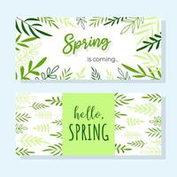 Set of horizontal banners spring close and hello spring. Drawn hands leaves in doodle style. vector