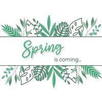 primavera es próximo. primavera fraseología con floral elementos en antecedentes. minimalista y plano diseño vector