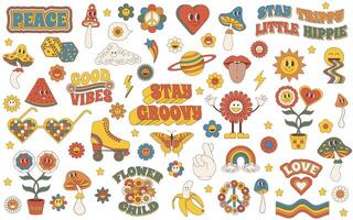 Groovy set. Groovy hippie 70s set. Sticker pack in trendy retro psychedelic cartoon style. Isolated vector illustration.