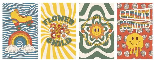 Groovy posters. Set of posters in trendy retro trippy style. Hippie 60s, 70s style. vector