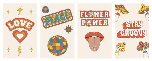 Groovy posters. Set of posters in trendy retro trippy style. Hippie 60s, 70s style. vector