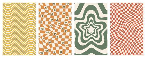 Groovy backgrounds. Set of background in trendy retro trippy style. Hippie 60s, 70s style. vector