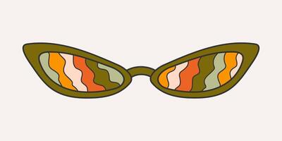 de moda Gafas de sol en ranura estilo, caja de cartón. retro accesorio en un ligero fondo, hippie, 1970 varios trippy patrones en anteojos, ondas. vector