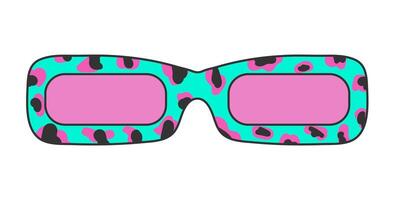 Retro hippy sunglasses with leopard print isolated on white background. Neon sticker in 70s style, groovy psychedelic vector vintage element, pink and green colors.