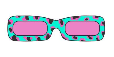 Retro hippy sunglasses with leopard print isolated on white background. Neon sticker in 70s style, groovy psychedelic vector vintage element, pink and green colors.