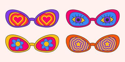 retro hippie estilo Gafas de sol. conjunto de geométrico resumen vector anteojos, 1970 maravilloso moda. corazón, estrellas, margarita flores y ojos, para impresión en camisetas, tarjetas