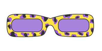 Retro hippy sunglasses with leopard print isolated on white background. Neon sticker in 70s style, groovy psychedelic vector vintage element, yellow and purple colors.